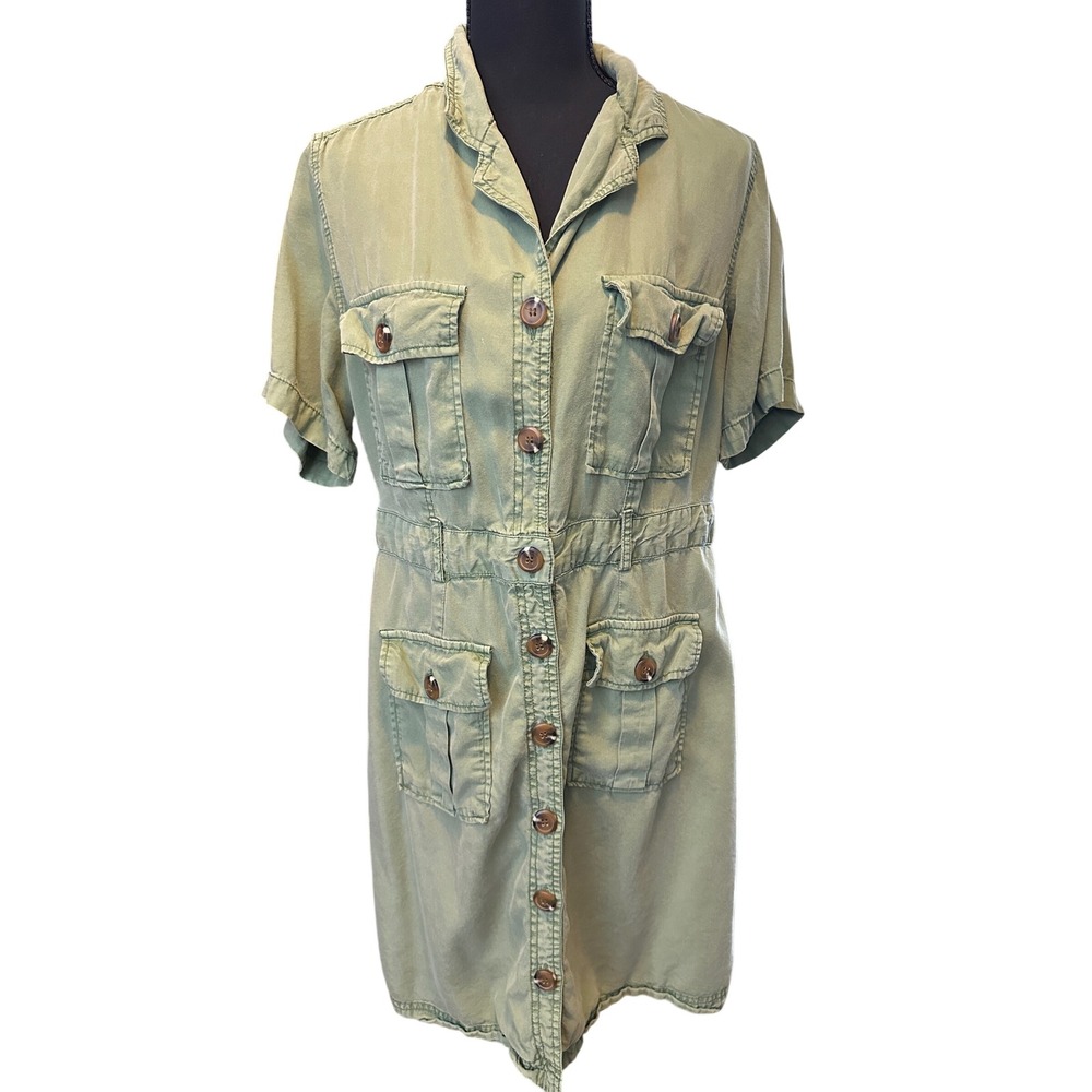Velvet Heart Olive Green Tencel Utility Shirt Dress Safari L‎ Cargo Faded